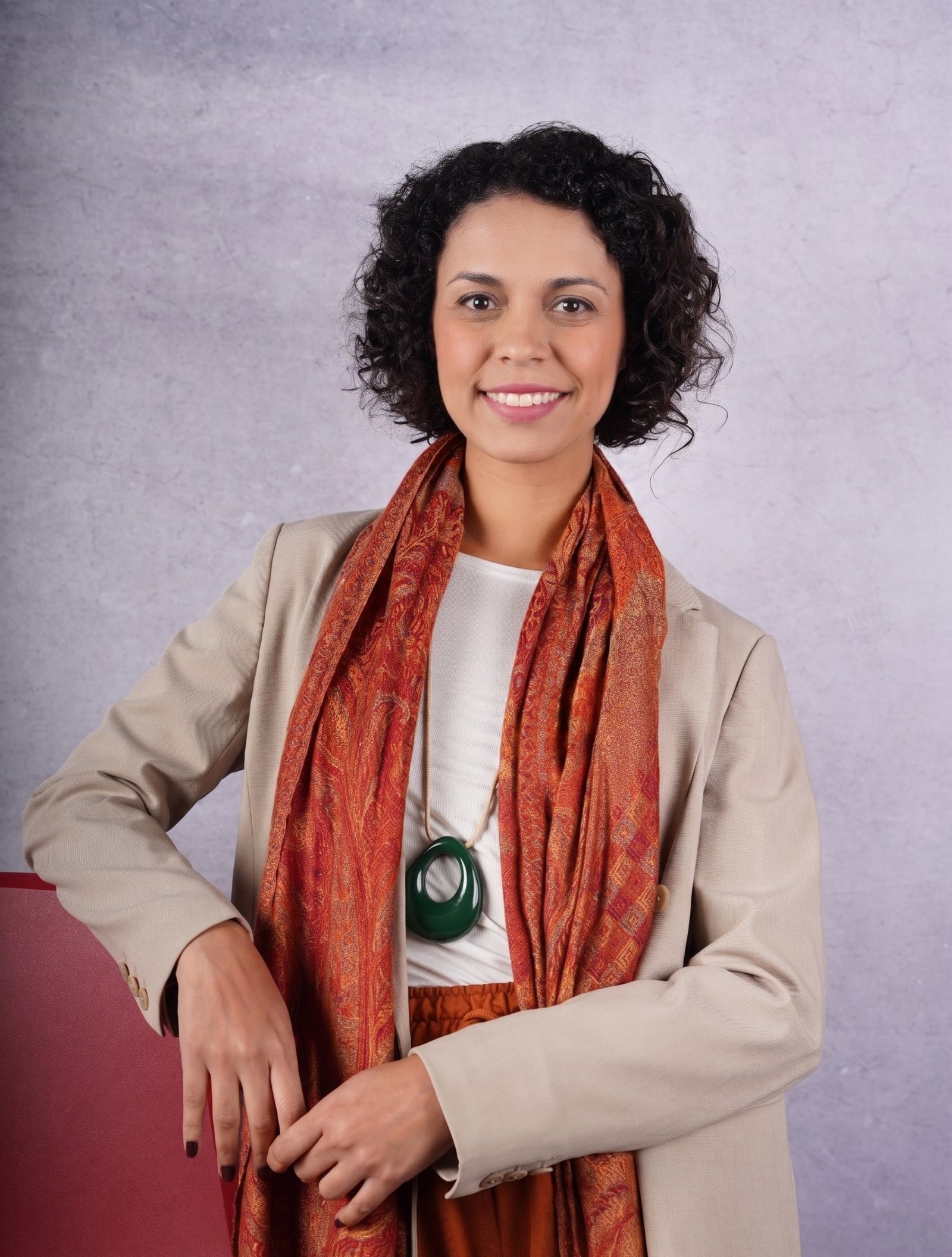 Retrato de Jéssica Freitas, sorrindo, usando blazer bege e echarpe terracota